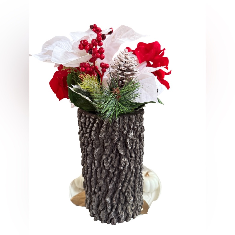 Rustic Bark Vase with Festive Floral Poinsettia Arrangement